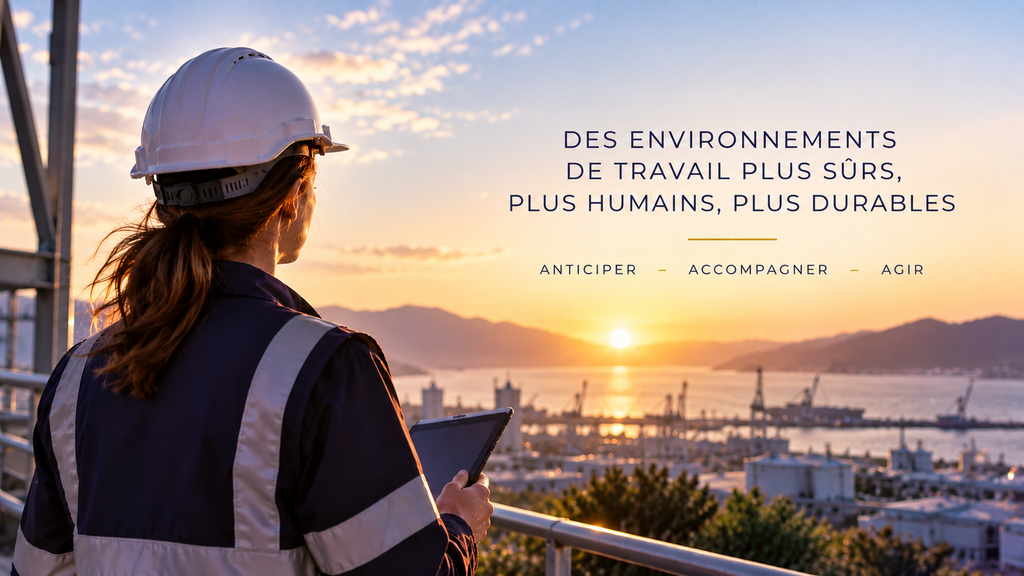 Professionnelle HSE sur un site industriel face à la rade au coucher du soleil